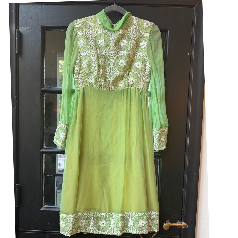 Vintage 1970s Lime Green Chiffon Dress Crochet Sequin Bodice Sheer Sleeve 70s - Picture 6 of 12